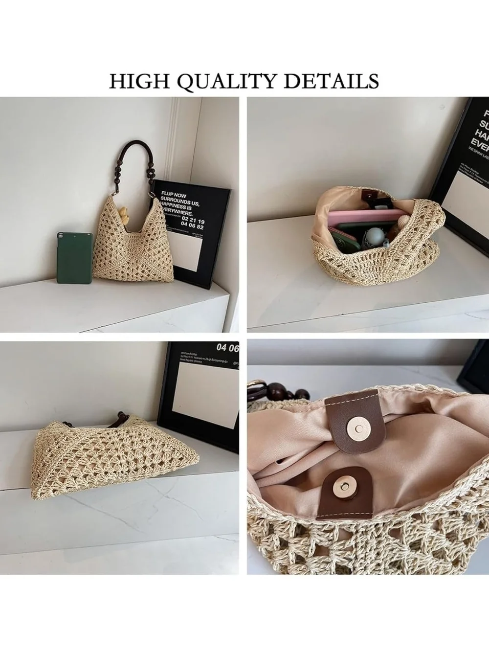 Woven Crochet Hobo Bag with Wooden Bead Handle - Black & Natural